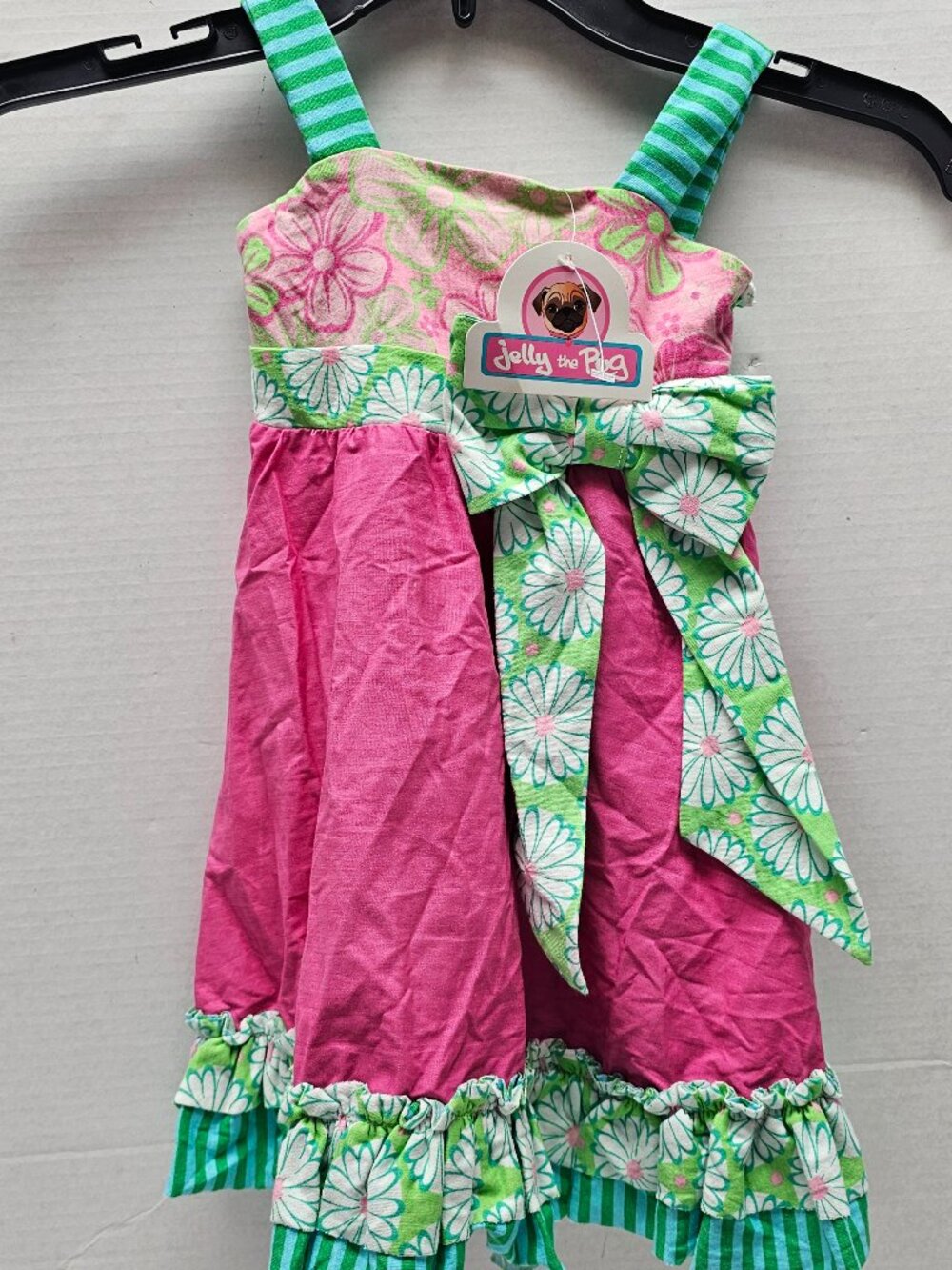 New Jelly the Pug Girls Toddler Dress Pink Green Bow Flower Summer Ruffle 18 MO
